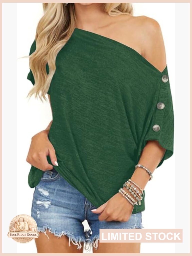 Off Shoulder Tunic Blouse Casual Loose Short Sleeve Button Down Shirt